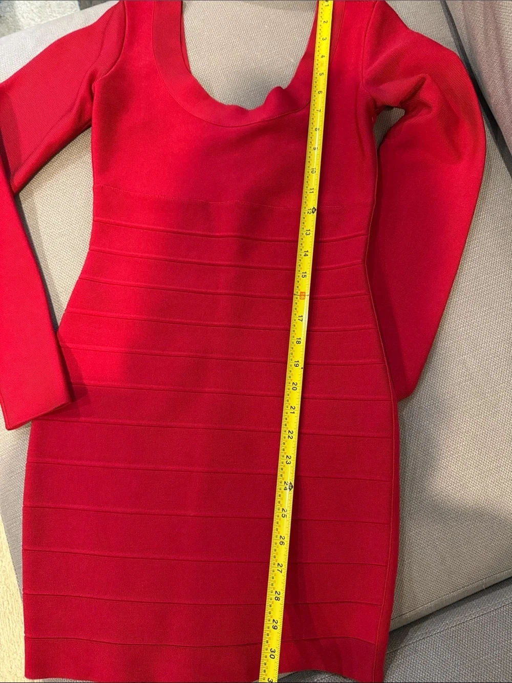 Herve Leger Paris Raspberry Red Long Sleeve Striped Scoop Neck Dress M